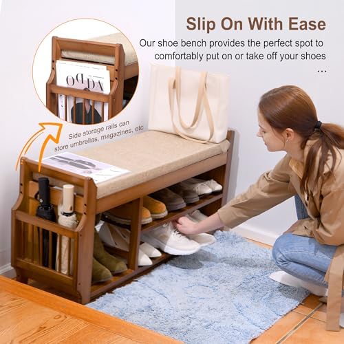 PETKABOO Shoe Bench with Hidden Drawer and Side Holder, 2 Tier Entryway Bench with Storage 39.4 in, Bamboo Shoe Rack with Cushion for Entryway Hallway Living Room Bedroom