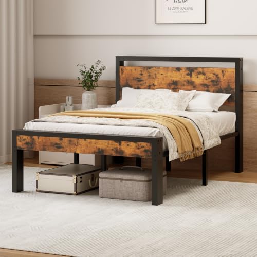 Sweetcrispy Full 14 Inch Platform Bed Frame with Headboard & Storage, Rust