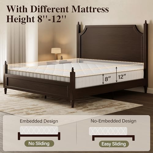 Belffin Wood Queen Size Bed Frame with Vintage Curved Headboard, Walnut