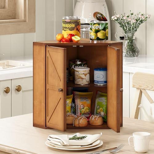 Trironsun Corner Bread Box for Kitchen Counter Double Layer Bamboo Bread Storage Container Large Capacity Bread Storage Bin Farmhouse Breadbox Organizer (Antique Brown)