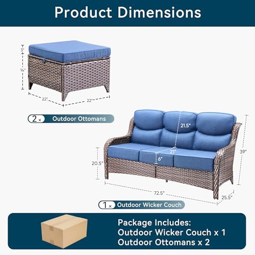 Luxury 3 Pieces Patio Furniture Sets-All Weather Wicker Rattan 3-Seat Sofa Set with Comfy 6" Cushion, Multifunctional Ottomans Patio Conversation Set for Deck Backyard Garden(Brown/Blue)