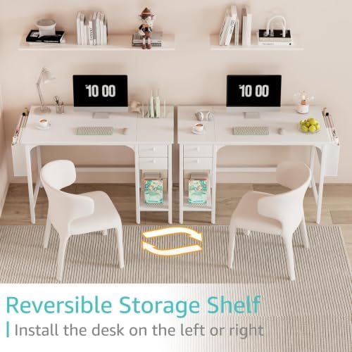 Lufeiya White Small Desk with Drawers - 40 Inch Computer Desk for Small Space Home Office, Modern Simple Study Writing Table PC Desks