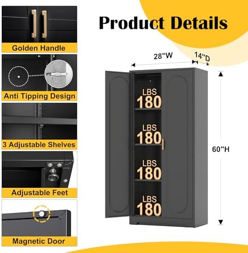 Steeloong 60"Metal Pantry Storage Cabinet with Doors & 3 Adjustable Shelves | Kitchen Pantry Cabinet,Black Kitchen Cabinet with 2 Gold Handles,Tall Cabinet for Livingroom,Pantry, Bathroom,Kitchen