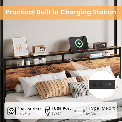 LIKIMIO Canopy Bed Frame King with Storage Headboard & Charging Station, Sturdy Metal Platform Bed with 4 Removable Posts, Dual Purpose Bed Frame, No Box Spring Needed, Noise Free