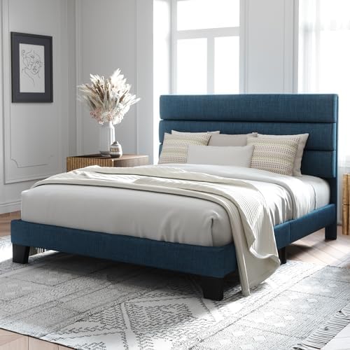 Allewie Full Size Platform Bed Frame with Fabric Upholstered Headboard Blue