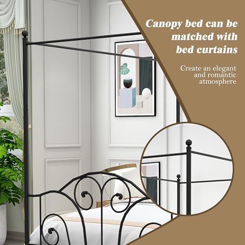 Full Size Four-Poster Metal Canopy Bed Frame,Black