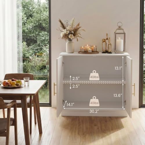 holzart 31.5" Modern Farmhouse Storage Cabinet, White 2 Door Sideboard Buffet with Gold Handles, Fluted Wood Accent Credenza for Entryway, Living Room, Coffee Bar, Home Office