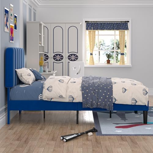 VECELO Twin Size Bed Frame with Upholstered Headboard, Velvet Platform Bedframe Mattress Foundation, Strong Wood Slat Support, No Box Spring Needed,Blue