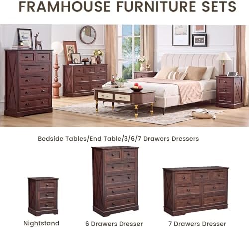 Farmhouse 6 Drawers Dresser Chests for Bedroom,Dark Cherry Red Wood Dresser