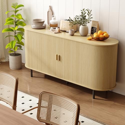 ONBRILL 63" Sideboard Buffet Cabinet, Sliding Door/Adjustable Shelf, Oak