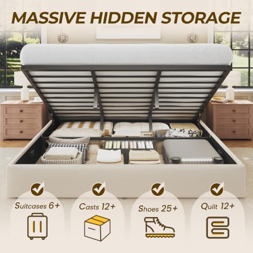 HISOFT King Size Lift Up Storage Bed Frame, Velvet Upholstered Platform Bed with Wingback Headboard, Heavy Duty Hydraulic Gas Lift Underbed Space, Reinforced Full Metal Slats, Noise Free, Light Beige