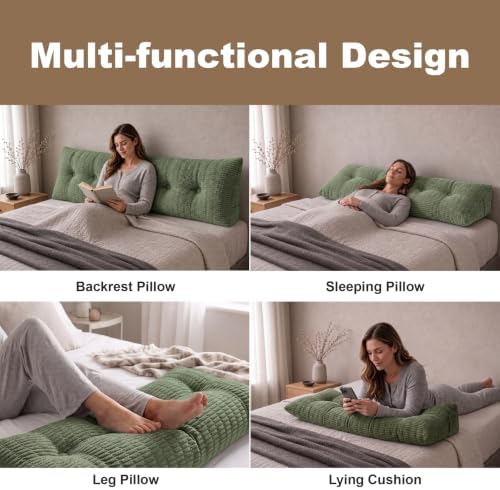 Headboard Pillow King, Triangle Pillows for Headboard, Backrest Long Wedge Pillow for Reading Sitting Working in Bed, Daybed Pillows with Removable Cover for Bed Dorm Sofa, Green