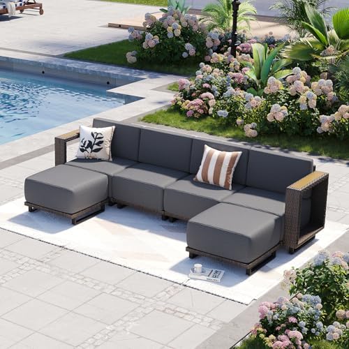 Aoxun Patio Furniture Set, 6 Piece Outdoor Sofa Set, Brown/Dark Gray