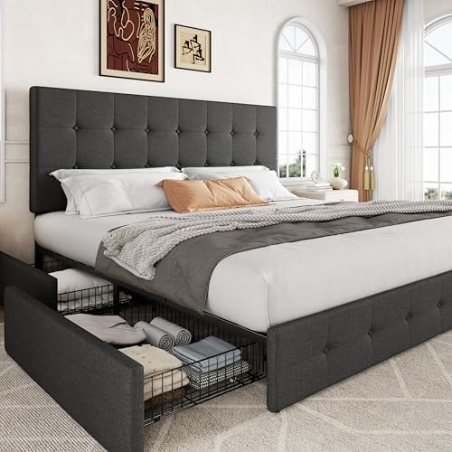 Allewie King Size Storage Bed Frame with 4 Underbed Drawers, Upholstered Platform Bed with Adjustable Headboard, Square Button Tufted, Easy Assembly, Noise-Free, No Box Spring Needed, Dark Grey