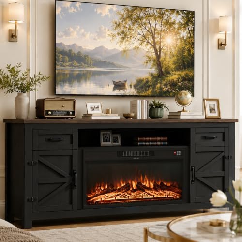 Fireplace TV Stand with Barn Door, 80 inch,Modern Black