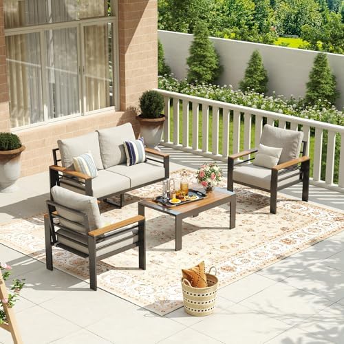 Aoxun Aluminum Patio Furniture Set 4 Seats, Oversized Outdoor Sectional with Washable Thick Cushions, Coffee Table, Patio Conversation Sets for Porch, Balcony, Deck
