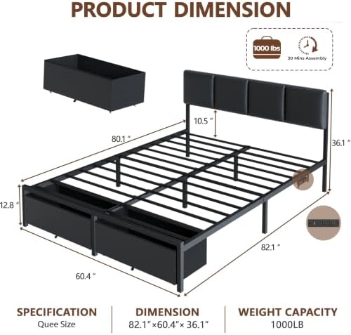 Furnulem Queen Bed Frame with PU Upholstered Headboard and Charging Station