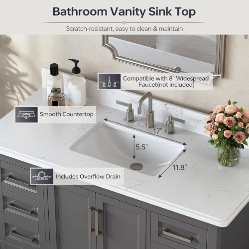 48 Inch Fully Assembled Bathroom Vanity with Sink, Grey | Modern Solid Wood Freestanding Bathroom Vanity Set, Quartz Top & Backsplash, Soft-Close Doors, Dovetail Drawers, Bath Upgrade