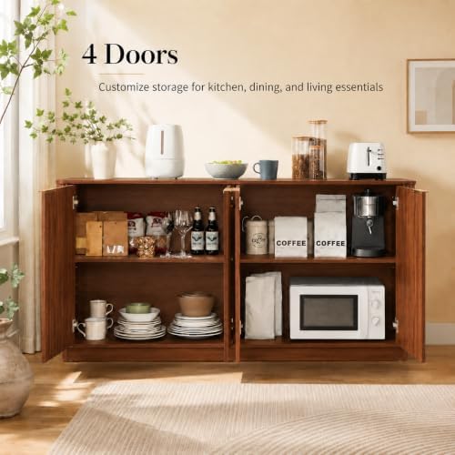 USHOWER 63" Fluted Buffet Cabinet with Storage, Wooden Sideboard, Walnut