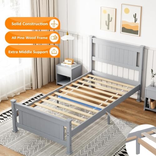 Bonnlo Twin Size Solid Wood Platform Bed Frame Kids Bed, Single Bed with Headboard, No Box Spring Needed Panel Bed, Wood Slat Support Mattress Foundation, Gray