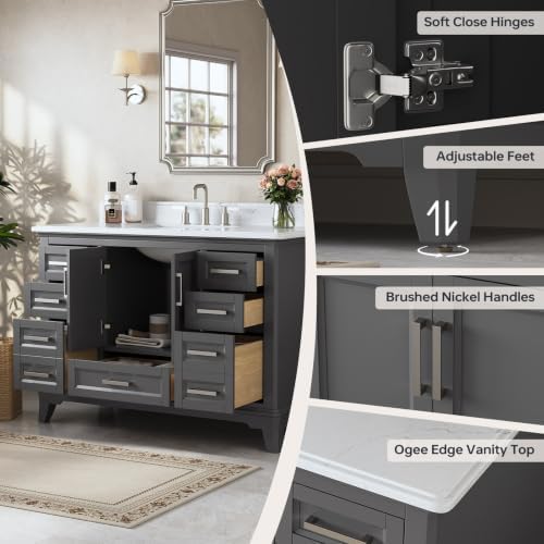 48 Inch Fully Assembled Bathroom Vanity with Sink, Grey | Modern Solid Wood Freestanding Bathroom Vanity Set, Quartz Top & Backsplash, Soft-Close Doors, Dovetail Drawers, Bath Upgrade