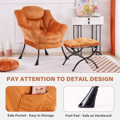 Tiita Lazy Chair with Ottoman, Comfy Reading Accent Chair, Velvet Orange