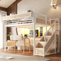 KEIKI Full Size Metal Loft Bed Frame with Storage Staircase & Built-in Desk & Wardrobe, Loft Bed with Pegboard & Mesh Storage Baskets & Slats, No Box Spring Required, Easy Assembly, for Bedroom, White