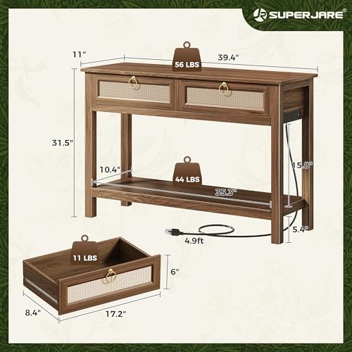 SUPERJARE Rattan Console Sofa Table with Outlets, USB-C Port and 3 Drawers