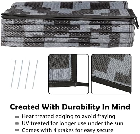 SAND MINE Waterproof Outdoor Rug 9x12 ft, Plastic Reversible Rug, Modern Area Rug, Large Floor Mat for Outdoors, RV, Patio, Backyard, Deck, Picnic, Beach, Camping, Black Grey Lattice
