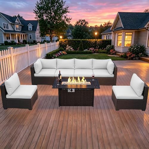 LEVELEVE 8-Piece Wicker Patio Conversation Set with 44" Propane Fire Pit Table, Cozy Outdoor Sectional Sofa for Backyard Gatherings, Poolside Lounging & Garden Parties