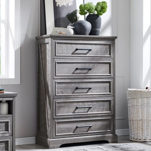 ACCOHOHO Farmhouse 5 Drawers Dresser Chests for Bedroom, Gray