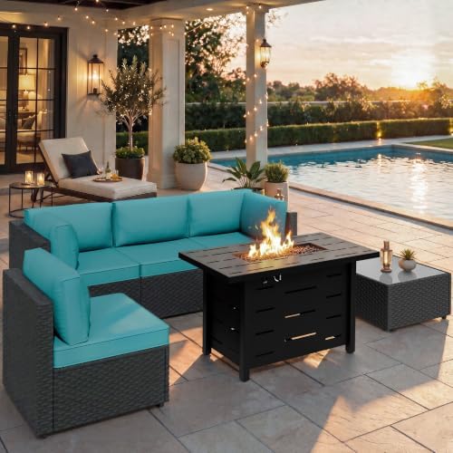 Shintenchi 6 Piece Outdoor Patio Furniture Set with 43 Inch Propane Fire Pit, Washable Cushions, Glass Coffee Table, Waterproof Cover & CSA Certified for Backyard Poolside, Black PE Rattan/Blue