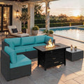 Shintenchi 6 Piece Outdoor Patio Furniture Set with 43 Inch Propane Fire Pit, Washable Cushions, Glass Coffee Table, Waterproof Cover & CSA Certified for Backyard Poolside, Black PE Rattan/Blue