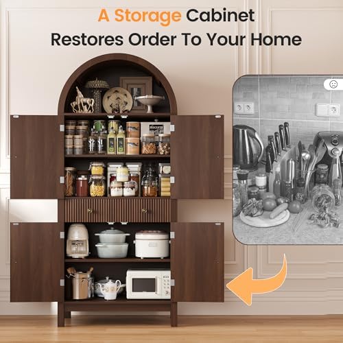 Apicizon 70" Tall Arched Kitchen Pantry Cabinet, 6-Tier Modern Fluted Wood Storage Cabinet with Doors Drawer & Adjustable Shelves, Farmhouse Cupboard Organizer for Dining Room, Bathroom, Walnut