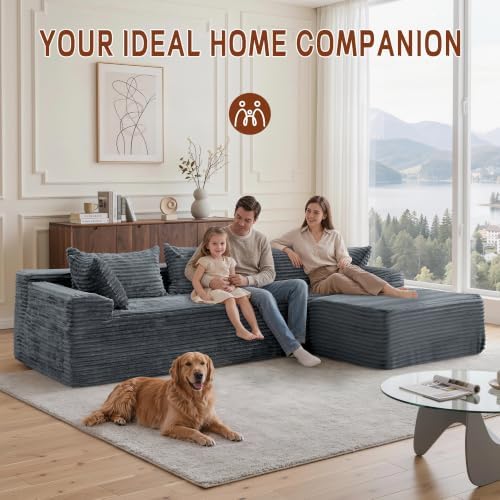 Korser 110" L-Shaped Modular Sectional Sofa with Chaise, Boneless Comfy Corduroy Fluffy Couch with Deep Seat and Side Pockets, Flexible Module Combination for Living Room, No Assembly, Side Pockets