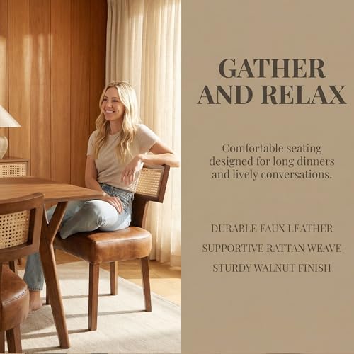 HNY Mid Century Modern Rattan Dining Chairs Set of 6, Farmhouse PU Leather Upholstered Accent Chair Curved Backrest Kitchen Chairs, with Hardwood Frame, Brown