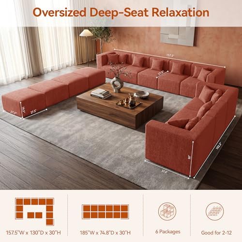 MONVANE Modular Sectional Sofa, Oversized 12 Seat Convertible U Shaped Couch with Ottoman, Comfy Chenille Cloud Couch with Deep Seat, Sectional Couches for Living Room, No Assembly Required, Rust Red