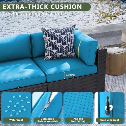 Aoxun 7 Piece Patio Furniture Set, Wicker Rattan Patio Sectional Sofa, Outdoor Furniture Set with Thickened Cushion, Peacock Blue