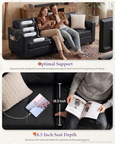 TYBOATLE 65'' Black Faux Leather Loveseat with USB, 2-Seater Living Room