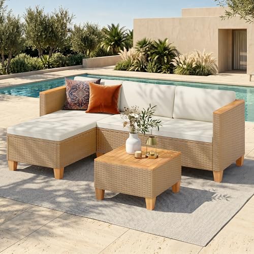 HERA'S HOUSE 3-Piece Wicker Patio Sectional Furniture Set, 4-Seat, Yellow