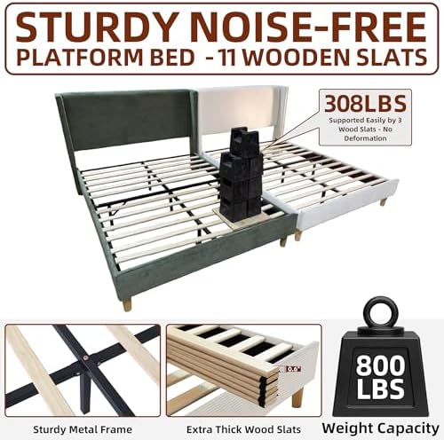 Full Corduroy Upholstered Platform Bed with Headboard Wingback, Cream