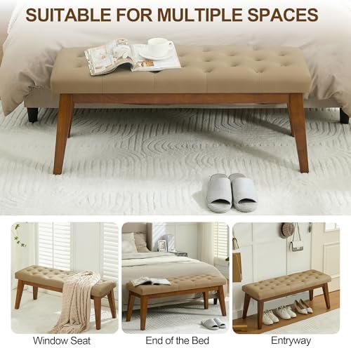 43.5'' Faux Leather Bedroom Bench, Upholstered End of Bed Bench with Tufted Button, Padded Vintage Dining Bench, Entryway Bench with Solid Wood Legs, Kitchen, Living Room, Hallway, Light Brown Tufted