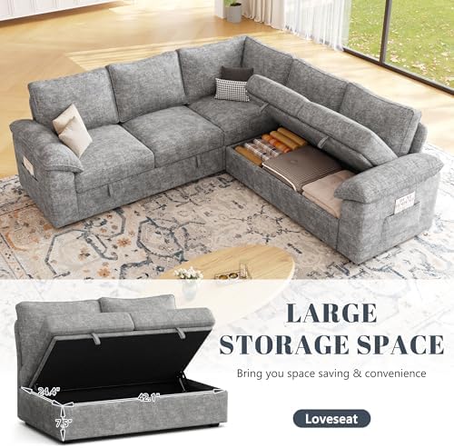 85'' Modular Sectional Sofa with Pull Out Bed, Sleeper Sofa, Light Gray