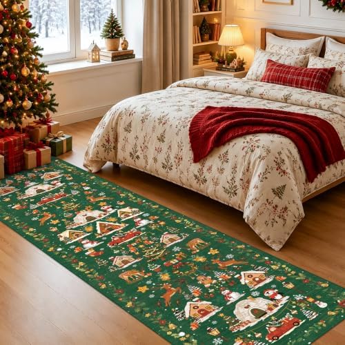 Vintage Christmas Runner Rug 2x8: Santa Claus Runners for Hallways Kitchen Non-Slip Washable Entryway Bathroom Rugs Winter Soft Low Pile Floor Carpet for Bedroom Holiday Decoration Present（2x8，Green）