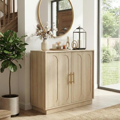 holzart 31.5" Modern 2 Door Storage Cabinet, Light Oak Sideboard Buffet Cabinet with Gold Handles, Fluted Wood Accent Cabinet for Living Room, Entryway Console, Home Office Printer Stand