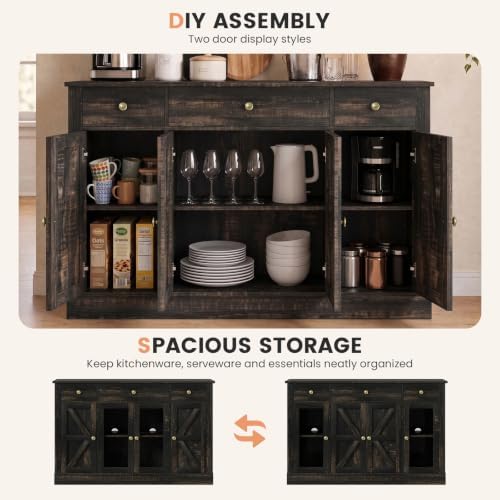 4 EVER WINNER 55" Large Coffee Bar Cabinet with 4 Doors and 3 Drawers, Buffet Cabinet with Plexiglass Doors, Kitchen Cabinet with Adjustable Shelves for Dining Room, Rustic Oak