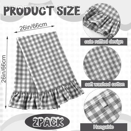 HunnmingRe 2 Pcs Gray Gingham Kitchen Towels Cotton Ruffled