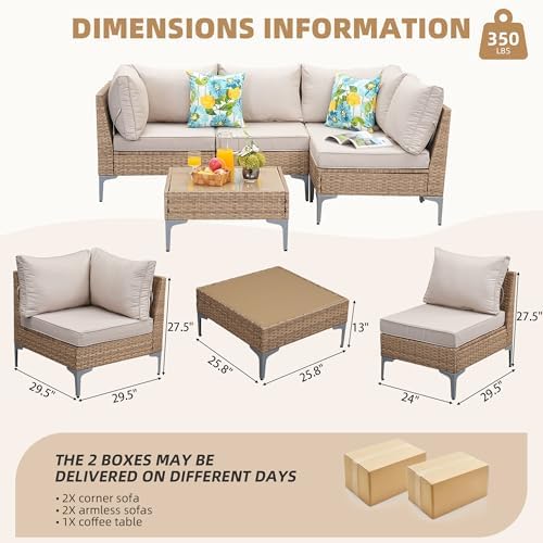 5-Piece Patio Furniture Set, Outdoor Wicker Sectional Sofa with Coffee Table, Anti-Slip & Thick All-Weather Cushions for Party, Garden, Backyard, Beige