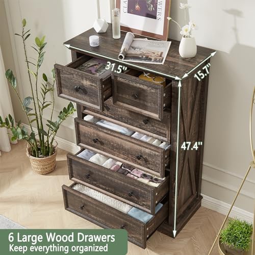 Farmhouse 6 Drawers Dresser Chests for Bedroom,Tall Chest of Drawers