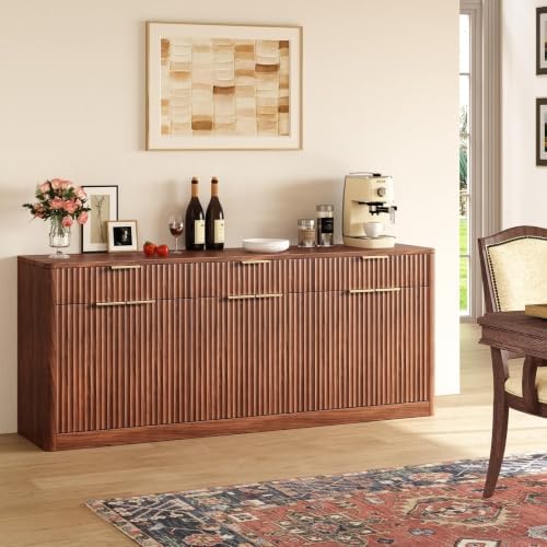 Evermagin 67" Fluted Walnut Sideboard Buffet Cabinet with 3 Drawers